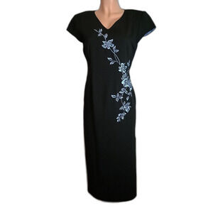 B. Moss Dress Collection Elegant Black Dress with Blue Floral Embroidery Size 6